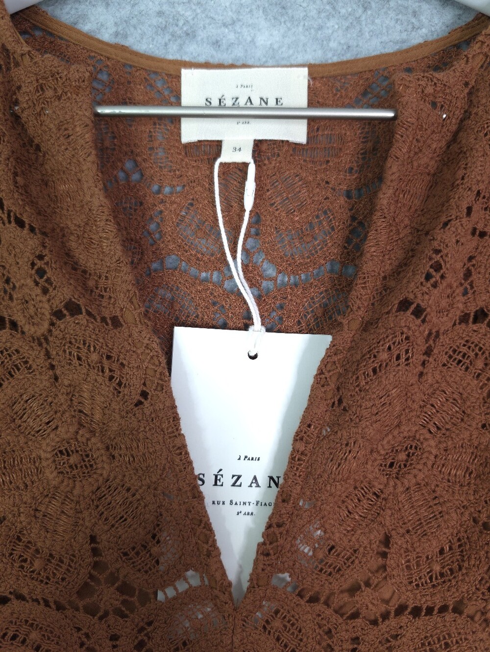 Sezane Fama Caramel Guipure Lace V-Neck Midi Dress 34/ US 2 - Picture 5 of 12